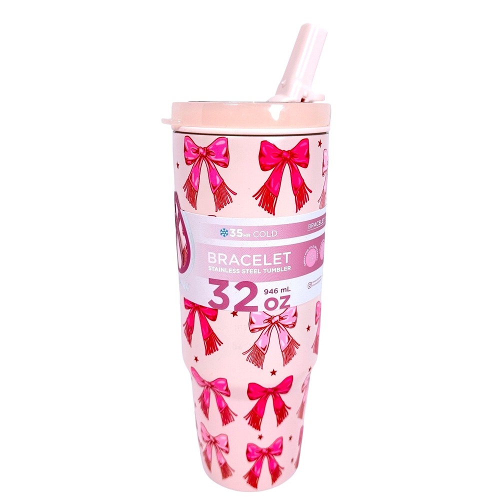 Manna Bracelet Tumbler Women 32oz Pink NEW 3D Bow Stainless Steel Straw Handle